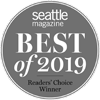 The image shows a circular badge with the text: "seattle magazine BEST of 2019 Readers' Choice Winner."