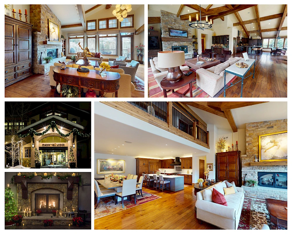 The image shows a luxurious home interior with spacious living areas, a cozy fireplace, elegant decor, and a festive exterior.