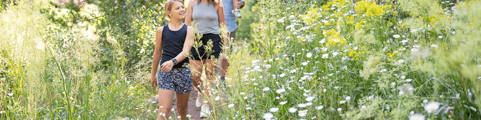 A family hike through a sunny wildflower-filled trail, kids walking ahead, enjoying nature.