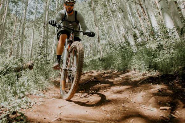 A person is mountain biking on a dirt trail surrounded by tall trees, wearing a helmet and sunglasses in a forest setting with dappled sunlight.