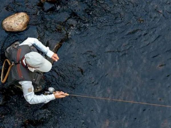 A person is fly fishing in a river, viewed from above, wearing fishing gear and holding a fishing rod.