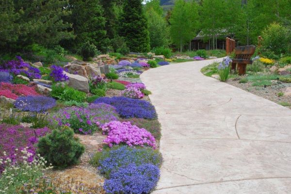 A scenic pathway winds through a vibrant garden filled with purple, pink, and green foliage, surrounded by lush trees and wooden benches at intervals.