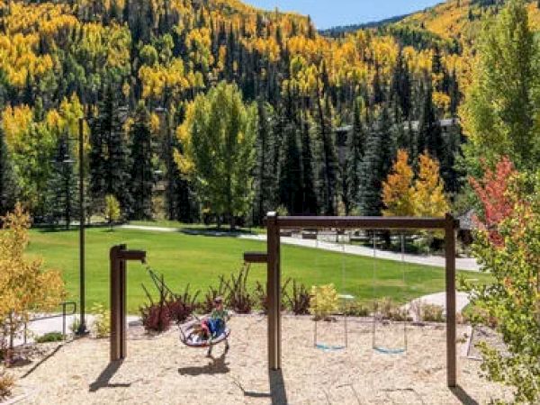 A playground with a swing set and a child on a circular swing, surrounded by trees with autumn foliage and a grassy field in the background.