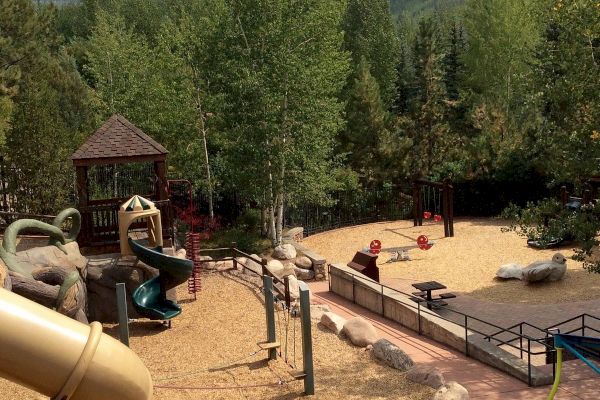 The image shows a playground with slides and climbing structures surrounded by trees and mountains in the background. The ground is covered with wood chips.