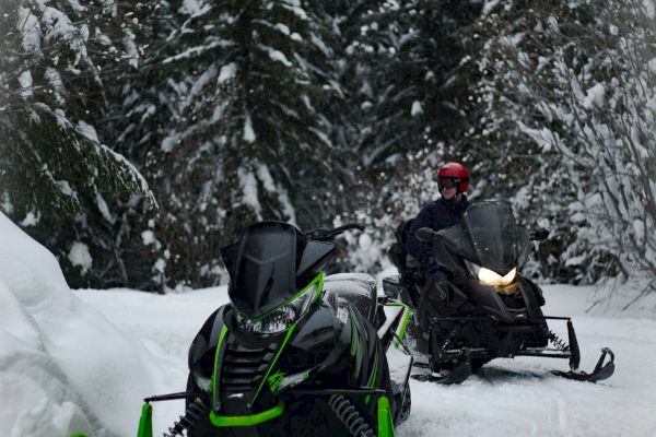 Two snowmobiles on a snow-covered path in a forested area. One person is riding the snowmobile in the background, surrounded by trees.