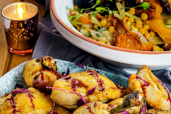 The image shows an arrangement of dishes: a plate of roasted chicken, a bowl of mixed vegetables, and decorative candles placed on a dining table.