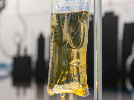 The image shows an IV drip bag filled with yellowish liquid, hanging from a metal stand.