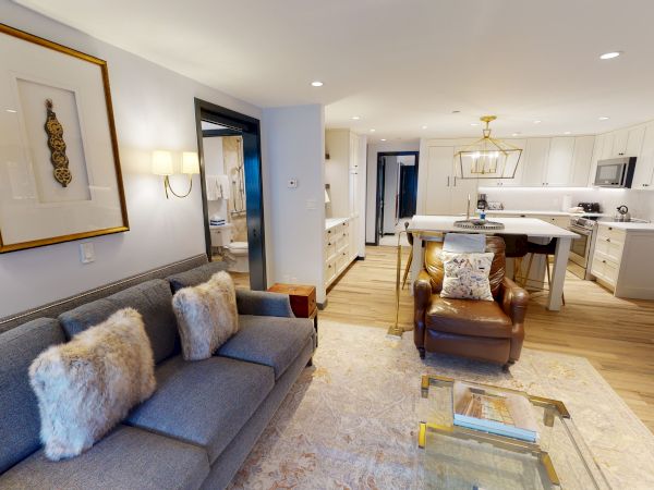 The image shows a modern, open-concept living area with a cozy seating arrangement, stylish decor, and a contemporary kitchen in the background.