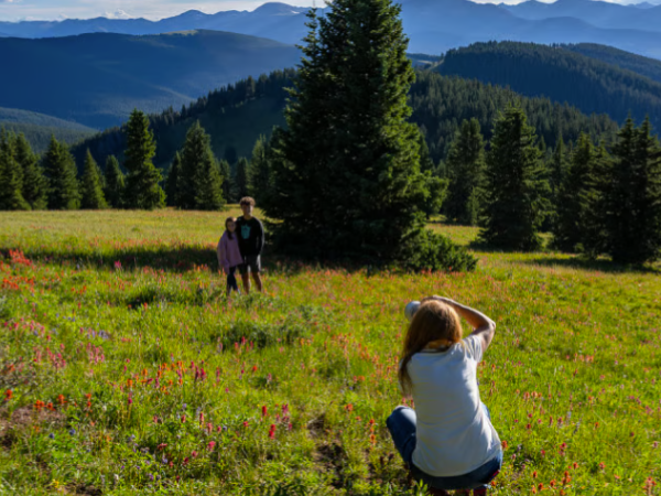 A person is photographing two people in a colorful mountain meadow with tall evergreen trees and distant hills in the background.