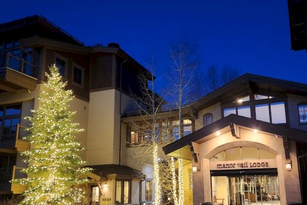 A beautifully lit lodge entrance at night, featuring a large illuminated tree and twinkling lights, creating a cozy, welcoming atmosphere.