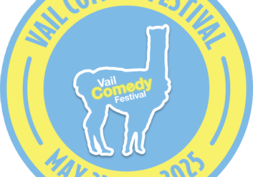 The image is a circular logo for Vail Comedy Festival, featuring a llama silhouette. The event is scheduled for May 23-25, 2025.