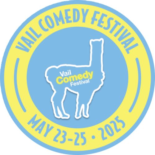The image is a circular logo for Vail Comedy Festival, featuring a llama silhouette. The event is scheduled for May 23-25, 2025.