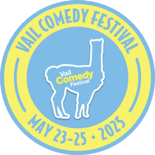 The image is a circular logo for Vail Comedy Festival, featuring a llama silhouette. The event is scheduled for May 23-25, 2025.