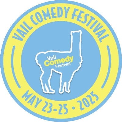 The image is a circular logo for Vail Comedy Festival, featuring a llama silhouette. The event is scheduled for May 23-25, 2025.