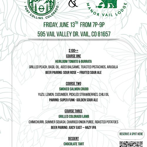 The image is a menu for a dinner event featuring multiple courses, each with wine pairings, at a venue in Vail, Colorado.