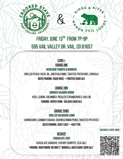The image is a menu for a dinner event featuring multiple courses, each with wine pairings, at a venue in Vail, Colorado.