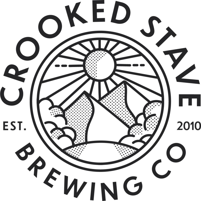 Logo of Crooked Stave Brewing Co. featuring a stylized sun, mountains, clouds, and the text "EST. 2010."