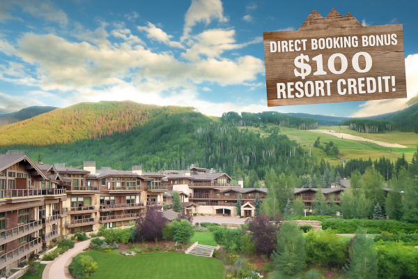 This image shows a resort surrounded by greenery and hills, with a banner offering a "$100 resort credit" for direct booking.