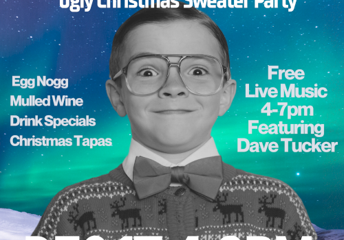 Poster for THE FITZ 60th Anniversary Ugly Christmas Sweater Party. Dec 17, 4-9 PM with live music 4-7, featuring Dave Tucker; childlike host, snow and aurora backdrop.