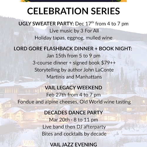Celebration series at Manor Vail Lodge 60th anniversary: events include Ugly Sweater Party, Lord Gore Flashback, Decades Dance, Jazz, and more.