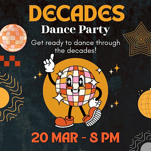 Decades Dance Party poster: Manor Vail Lodge 60th anniversary, bold retro graphics, date 20 Mar 8 PM, live band, DJ, bites & cocktails. End.