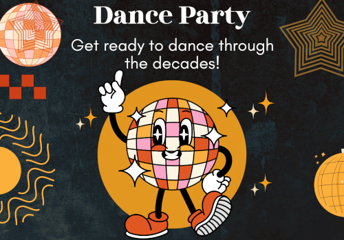 Decades Dance Party poster for Manor Vail Lodge 60th anniversary, with retro shapes and a dancing globe character.