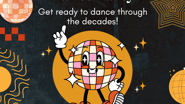 Decades Dance Party poster for Manor Vail Lodge 60th anniversary, with retro shapes and a dancing globe character.