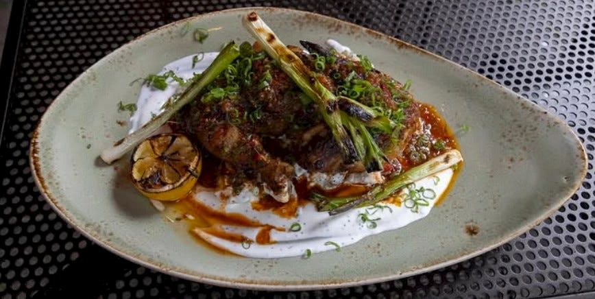 Delicious plated dish with seared meat on a bed of sauce, garnished with green onions and charred lemon halves, on a decorative plate.