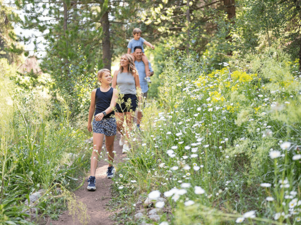 A family hike on a sunny trail: two kids lead, followed by a parent and a child on shoulders, surrounded by wildflowers and trees.